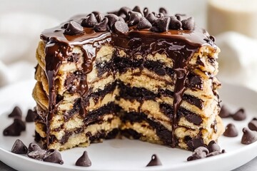 A tall stack of pancakes, layered with chocolate chips and drizzled with rich chocolate ganache, sits on a white plate, a portion sliced away to reveal the decadent interior.