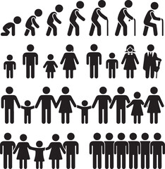 Fototapeta premium Vector set of life cycle flat icons. People of different ages, man and women, family, stages of growing up