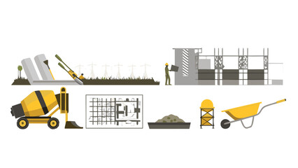 Illustration of a construction site with various tools and building elements depicted clearly