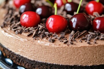 Close-up of a chocolate cheesecake adorned with fresh cherries and chocolate shavings, resting on a dark surface.  The creamy chocolate filling sits atop a dark chocolate crust