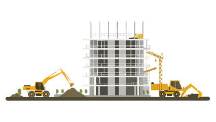Illustration of a building under construction with two excavators and a crane on the site