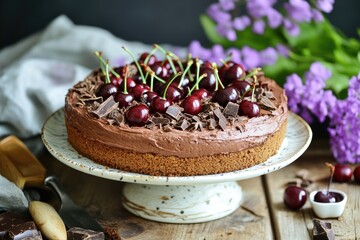 A decadent chocolate cake, frosted with rich chocolate ganache and adorned with fresh cherries and chocolate shavings, sits on a cake stand on a rustic wooden surface,