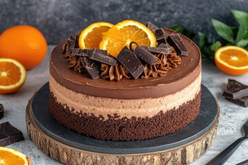 A decadent chocolate mousse cake with two distinct layers, topped with chocolate shavings, orange slices, and a swirl of chocolate ganache. It sits on a dark gray slate round atop a wooden base.  