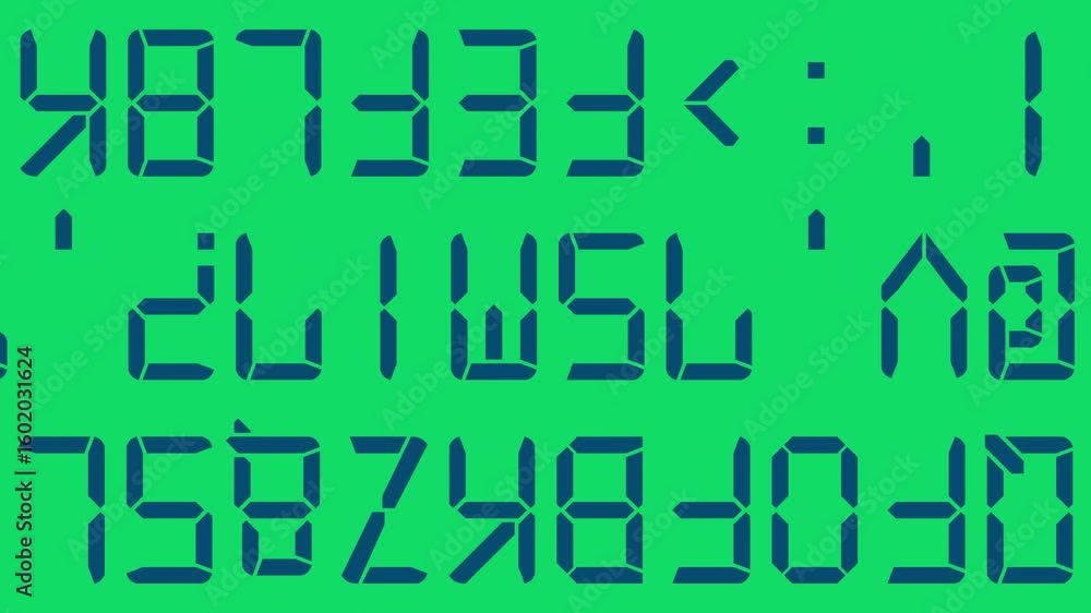 Poster randomly changing alphanumeric matte navy blue digital characters in three rows on green screen back