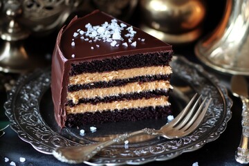 A decadent slice of dark chocolate cake layered with creamy caramel filling, topped with sea salt, sits on an ornate silver plate, next to a fork, against a blurred background of metallic objects