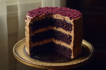A three-layered dark red velvet cake with tan frosting, partially sliced, sits on a gold cake stand against a softly lit background.  The top is sprinkled with matching crumbs