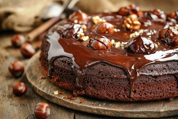 A rich chocolate cake, generously glazed and adorned with whole hazelnuts and walnuts, sits on a rustic wooden board.  The glossy chocolate ganache drips invitingly down the sides