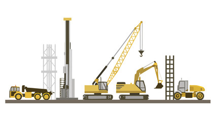 Construction site featuring a crane excavator drilling rig and various heavy machinery in operation mode