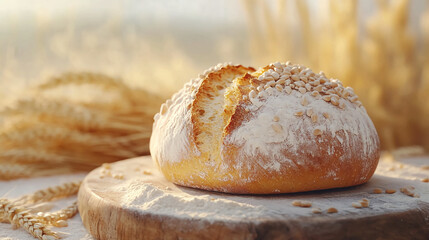 Fresh baked bread loaf with wheat and flour for a healthy meal and food photography for your blog post