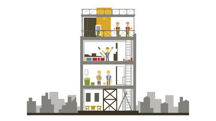Illustration of a three story building under construction with workers on each floor present inside