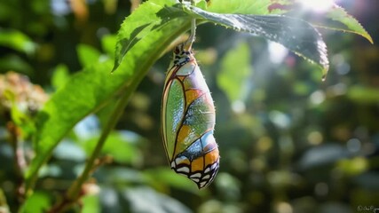 A stunning close-up of a colorful butterfly chrysalis hanging from a vibrant green leaf, with sunlight backlighting the scene, showcasing the process of metamorphosis. - Powered by Adobe
