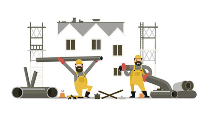 Overview of a construction site with buildings and heavy machinery on a striped platform base
