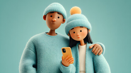 3d cartoon man and woman taking selfie on mobile phone.Cheerful Couple Taking Selfie, Animated 3D Illustration, Happy Girl and Boy Posing Together for Mobile Phone Picture