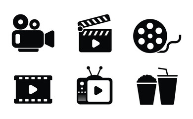 movie cinema film industry set collection pack black icon silhouette vector flat illustration design on white background