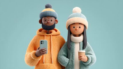 3d cartoon man and woman taking selfie on mobile phone.Cheerful Couple Taking Selfie, Animated 3D Illustration, Happy Girl and Boy Posing Together for Mobile Phone Picture