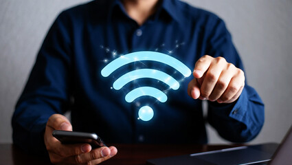 Person touching glowing wifi symbol with smartphone image