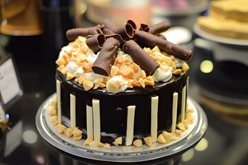 A decadent chocolate cake, richly frosted with dark chocolate ganache, adorned with white chocolate shavings, whipped cream swirls, and chopped peanuts, topped with elegant chocolate curls