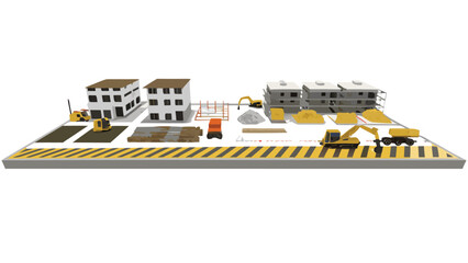 Illustration of construction site safety gear with hard hats vests and building blueprints on a clipboard