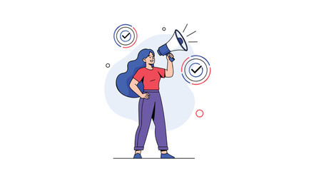 Empowered woman announcing important information with megaphone and checkmarks