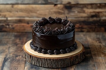 A rich, dark chocolate cake, glossy and decadent, sits on a rustic wooden cake stand against a wood backdrop.  The frosting is swirled decoratively