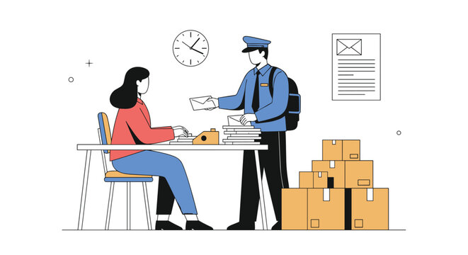 Postal worker delivers mail to a woman working at a desk with a typewriter and many boxes