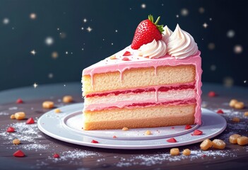 A digitally rendered slice of strawberry cake, adorned with whipped cream and a fresh strawberry, sits on a white plate.  