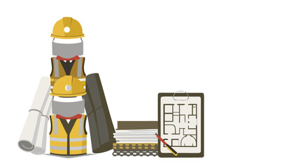 Illustration of two construction workers installing pipes on a building site with scaffolding