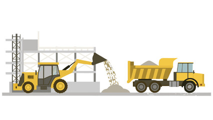 Yellow loader filling dump truck with construction material near building under construction site view