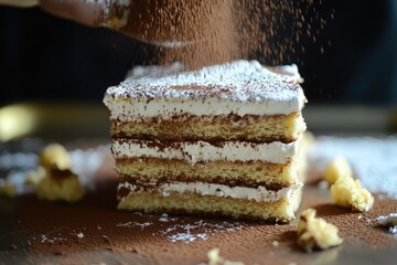 A hand dusts cocoa powder over a layered tiramisu dessert, showcasing its creamy filling and coffee-soaked ladyfingers.  Crumbs and nuts surround the square slice on a dark surface