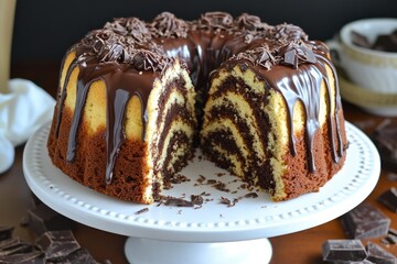 A partially sliced, chocolate-glazed bundt cake with a marbled interior sits on a white cake stand. Chocolate shavings adorn the top and are scattered nearby