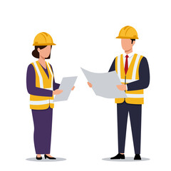 Two construction workers in hard hats and safety vests review blueprints, discussing plans for a building project.