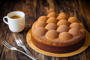 A round cake, adorned with cocoa-dusted domes, rests on a wooden board beside a cup of coffee and two forks on a dark wooden table