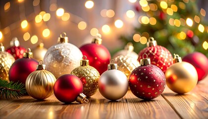 Fototapeta premium Christmas ornaments on wooden table, festive lights