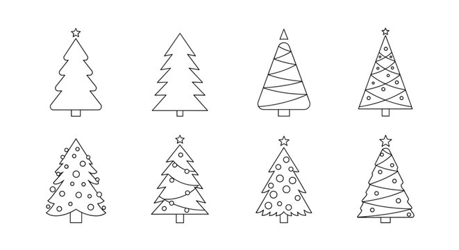 Collection of eight festive decorated and undecorated fir trees for holiday celebrations