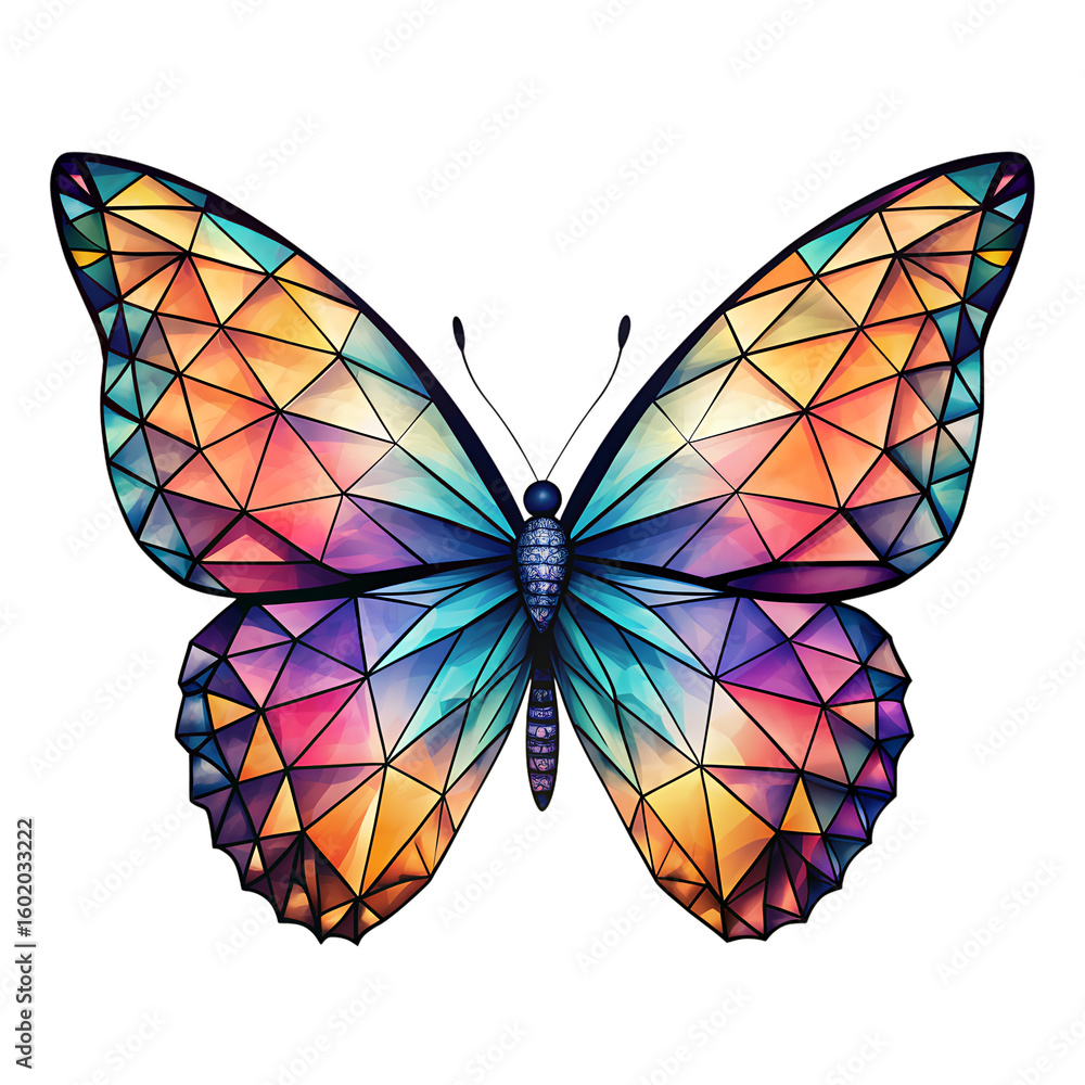 Poster an abstract geometric butterfly with colorful triangular patterns isolated on transparent background