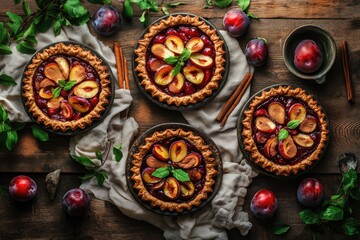 Overhead shot of four rustic mini plum pies arranged on a dark wooden surface, garnished with fresh mint and cinnamon sticks, surrounded by plums and foliage