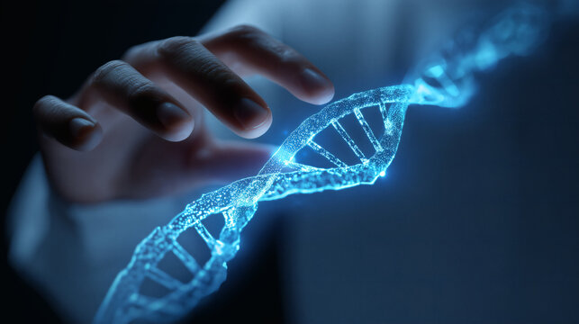 A scientist interacting with a DNA helix hologram.	A scientist in a futuristic lab manipulates a large, rotating 3D hologram of a DNA helix, representing genetic research.
