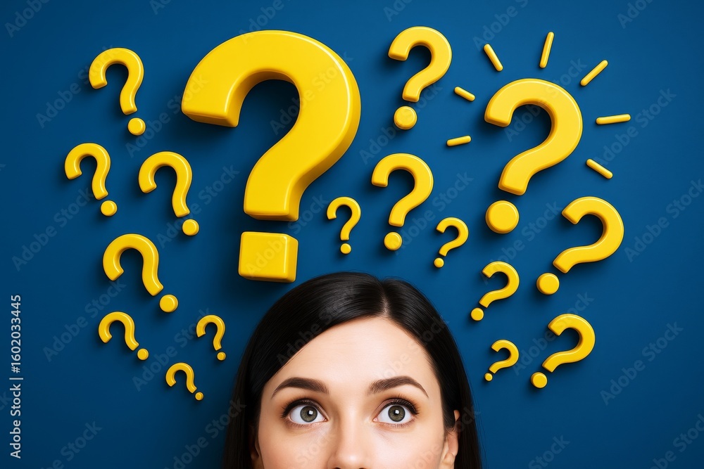 Aufkleber woman looking up at floating yellow question marks with curious expression on blue background in cre