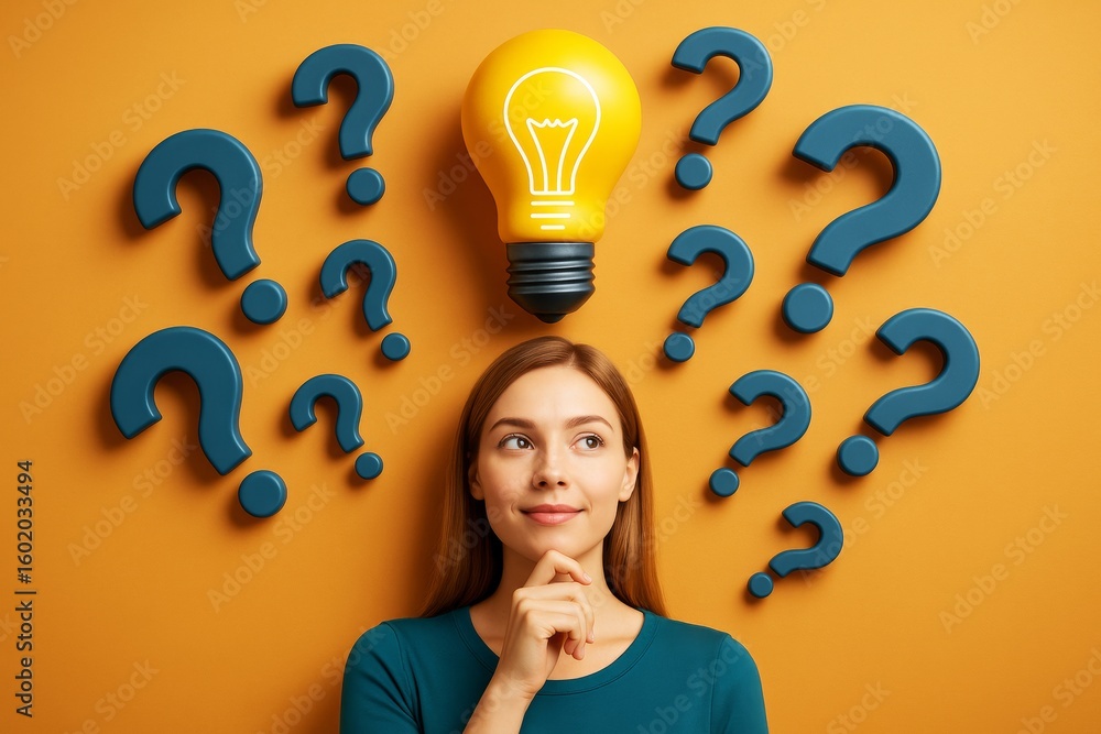 Poster woman thinking with question marks and light bulb symbolizing idea and curiosity on orange abstract 