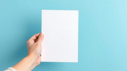Obraz premium Hand holding blank white paper against a soft blue background