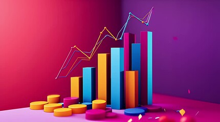 Colorful 3D bar graph displaying growth trends with coins and confetti in a vibrant setting - Powered by Adobe