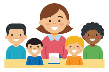 happy classroom moment with teacher and smiling ki.eps