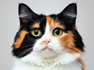 A close-up portrait of a calico cat with striking green eyes.