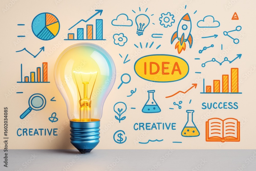 Poster bright lightbulb symbolizing creativity and innovation surrounded by colorful business doodles and g