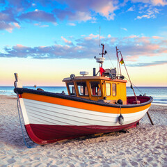 Fototapeta premium Vintage Fishing Boat Resting on Ahlbeck Beach Shoreline