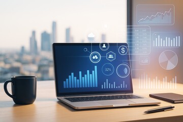 Laptop displaying business analytics and financial data with futuristic digital interface on wooden desk, city background in soft daylight.