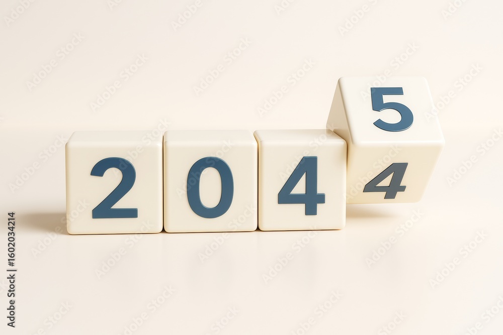 Poster transition from 2024 to 2025 shown with rotating cubes on a light background, symbolizing new year a
