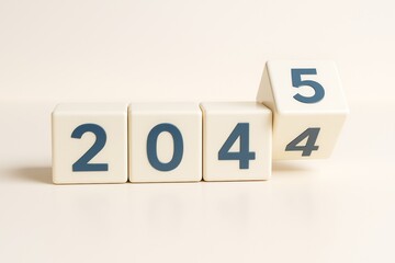 Obraz premium Transition from 2024 to 2025 shown with rotating cubes on a light background, symbolizing new year and future change concept for business planning.