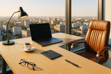 Modern business office desk setup with laptop, coffee, and city background in natural light during sunset, promoting creative workspace concept.