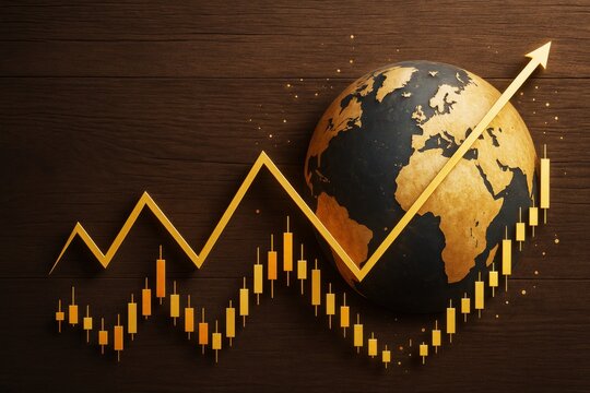 Global financial growth concept with rising chart and earth globe on wooden background illustrating business expansion and success worldwide. - Powered by Adobe